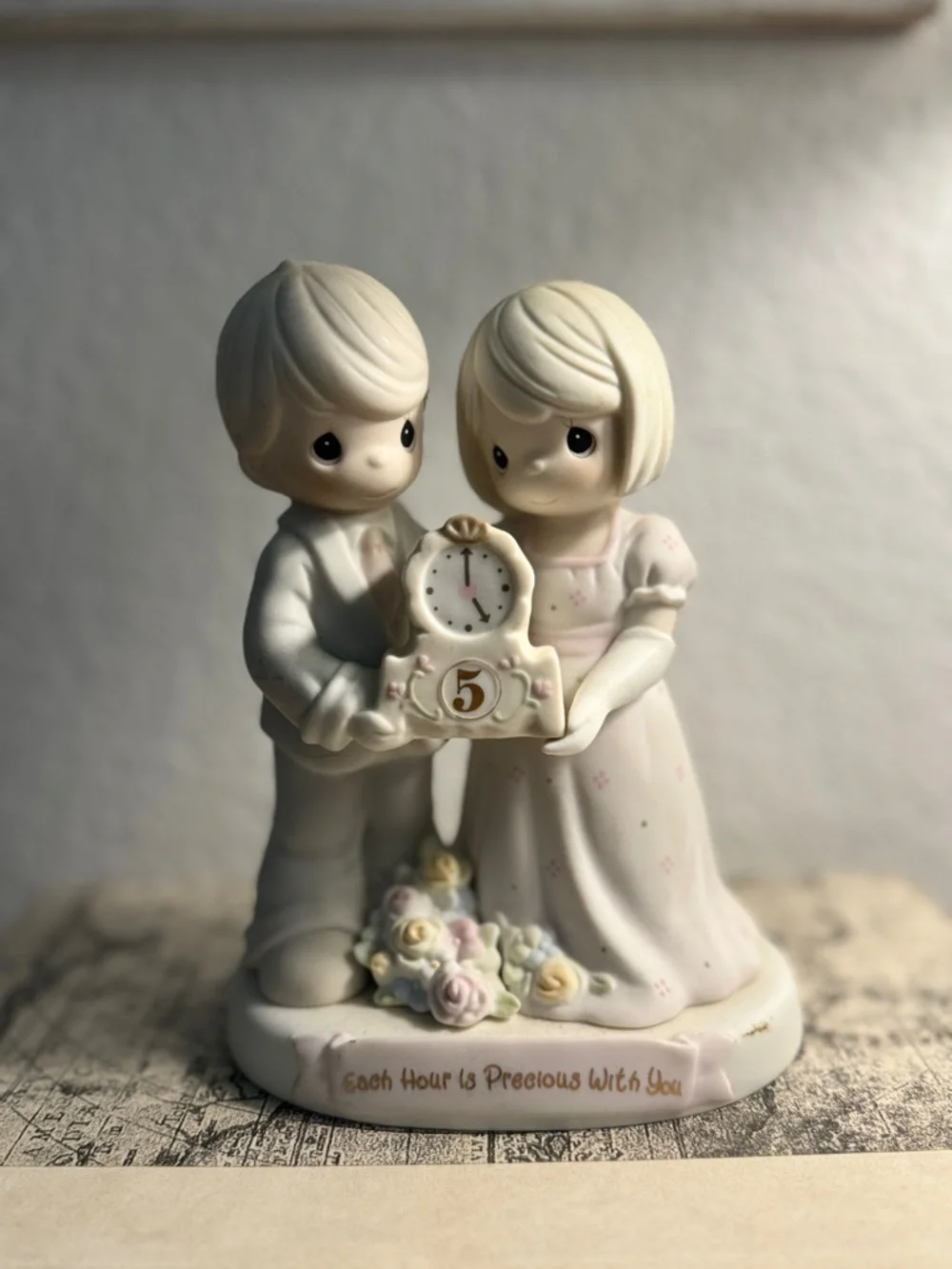 Precious Moments Cream and Pink Porcelain Couple Figurine with Clock